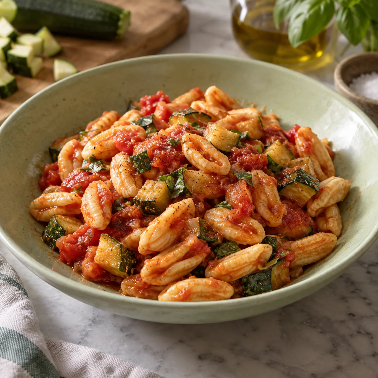 A hollow pasta shape holding a vegetable sauce