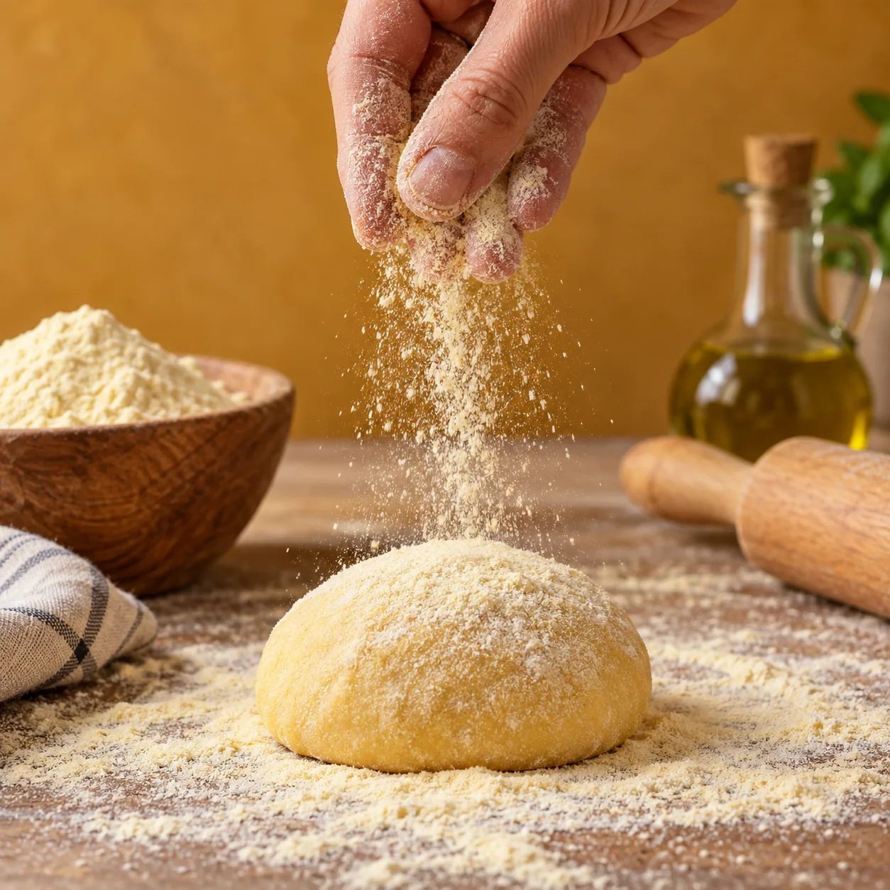 Fine durum flour beside a small pasta dough sample