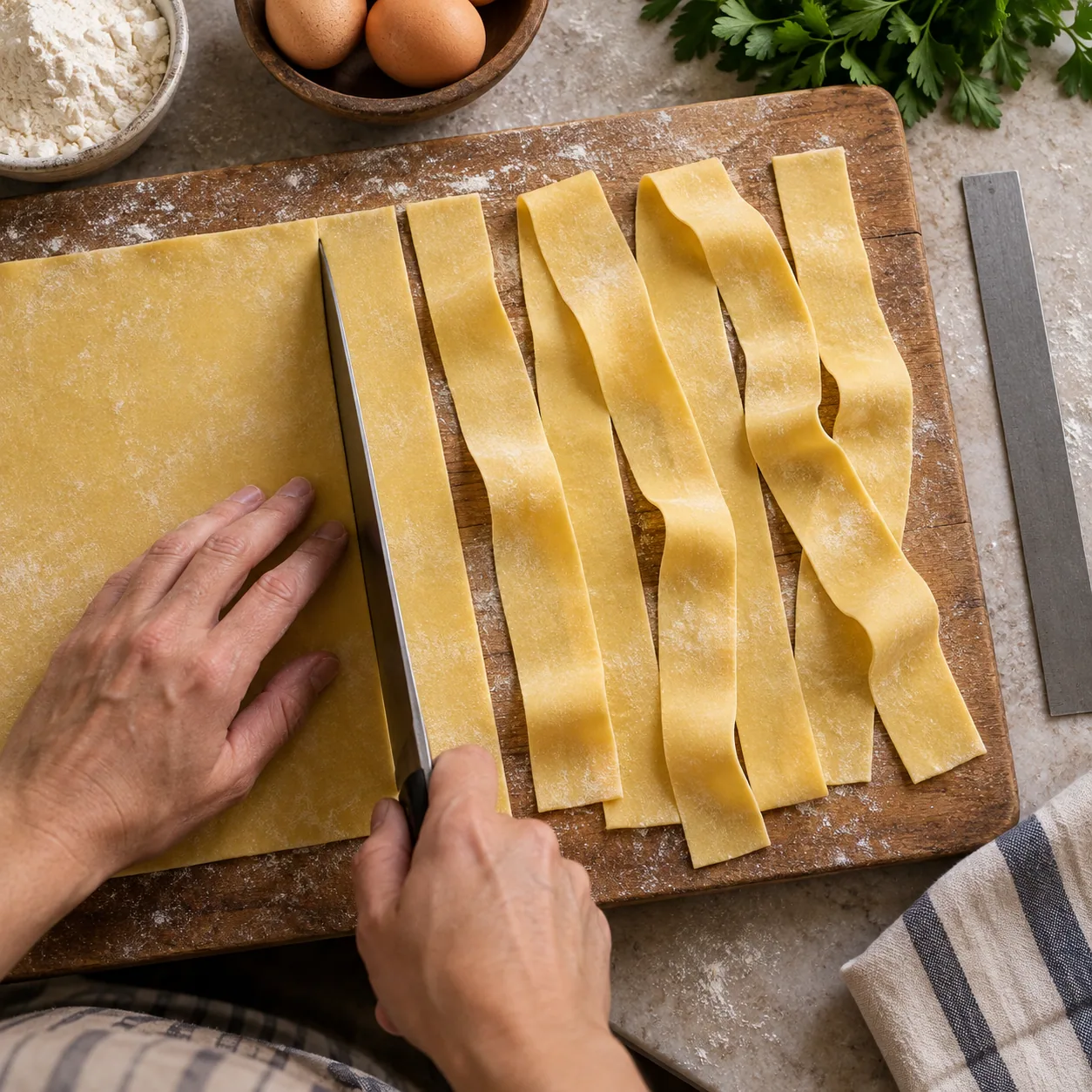 Wide ribbons cut from an evenly rolled sheet