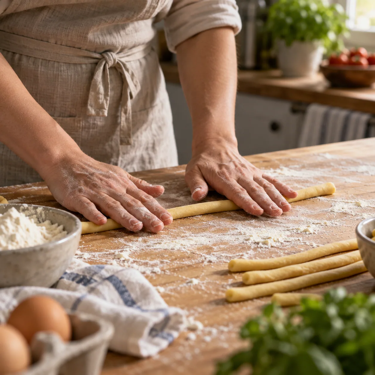 Rolling pressure used along a short dough rope