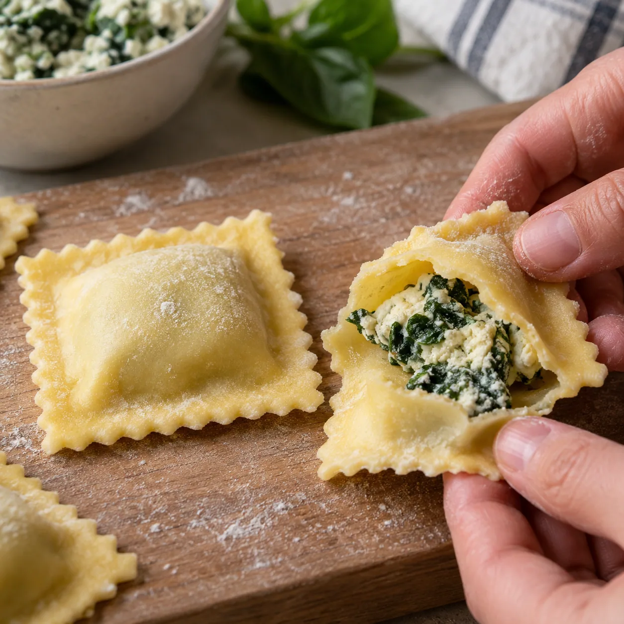 A practice ravioli opened to inspect its filling and border