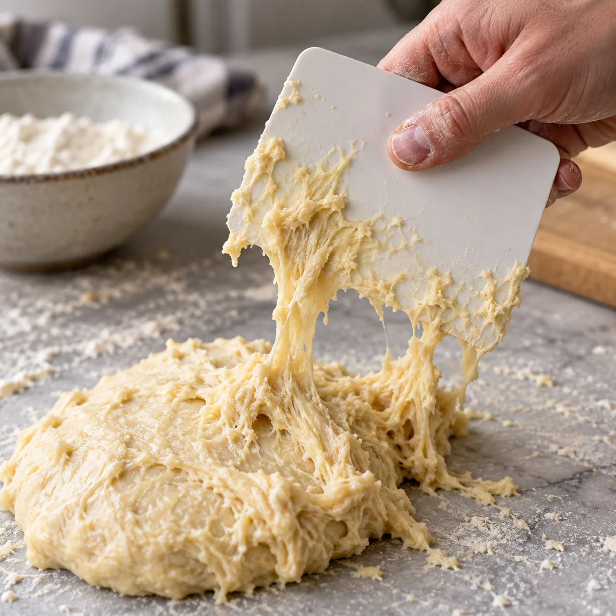 A sticky dough condition observed before correction